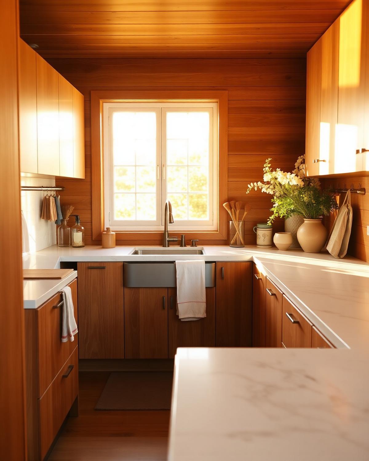 Sunlit clean kitchen with wood and marble